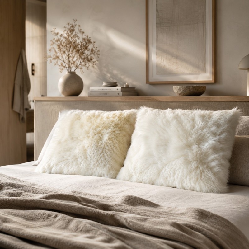 Pair Of Ivory Real Sheepskin Square Cushions 50cm