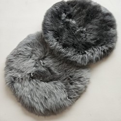 Paire de coussins de siège ronds en véritable peau de mouton à poils longs gris, 37 cm de diamètre