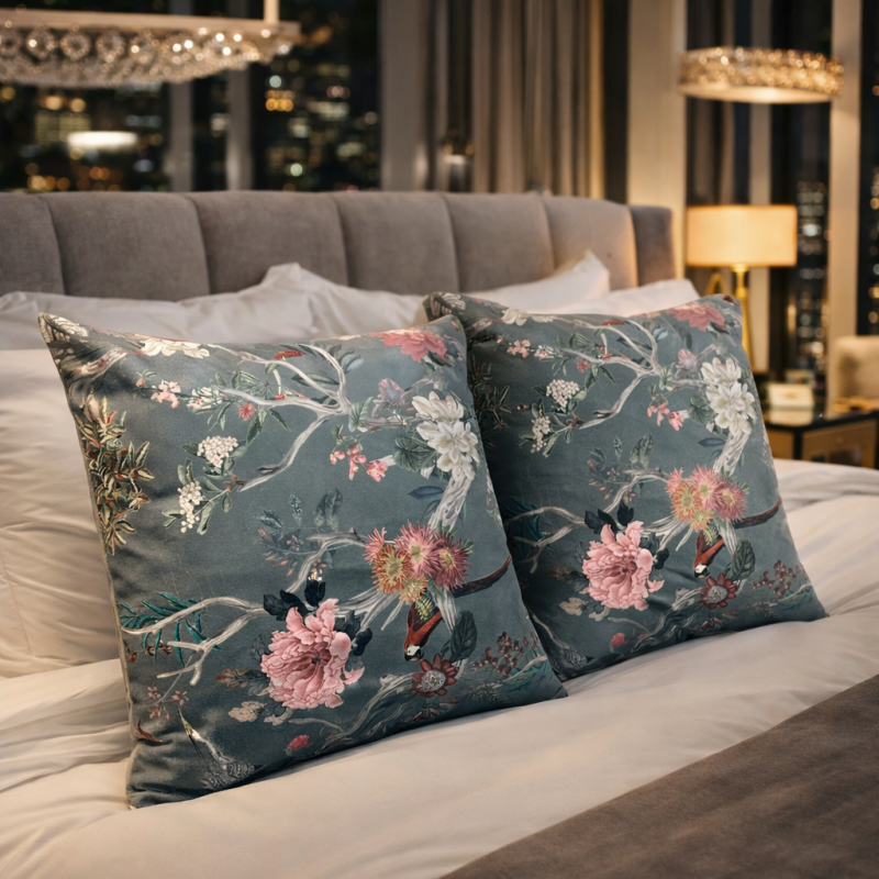 Coussins en velours de luxe style chinoiserie | Coussins en velours imprimé oriental
