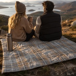 Couverture de voyage rembourrée portable avec poignée de transport, motif tartan gris